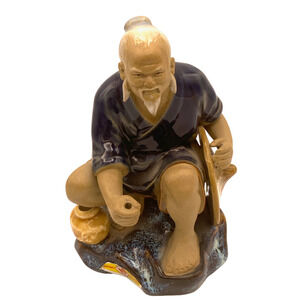 Shiwan Chinese Mudman Figurine Vintage Fisherman Mud Man 5.50" Tall